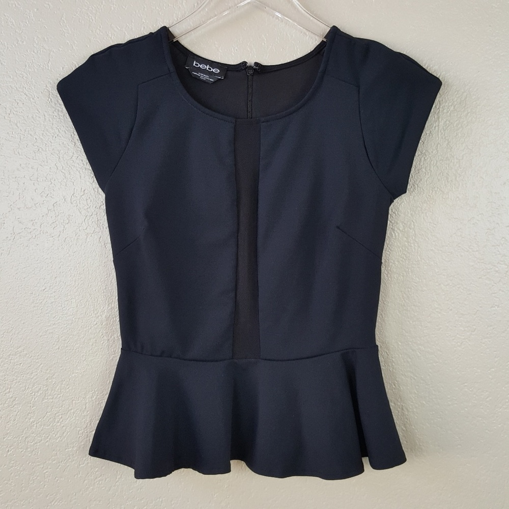 Bebe Short Sleeve Black Mesh Peplum Top Blouse XS